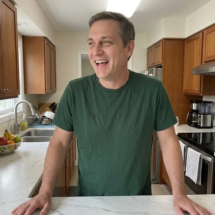 A man in a green t-shirt laughing in a bright kitchen