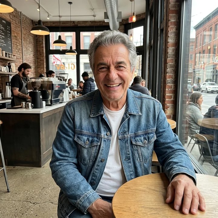 A smiling man in a denim jacket sitting at a cafe table